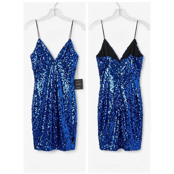 NWT Lulus Royal‎ Blue Sequin V-Neck Bodycon Mini Dress Size XS - Image 2