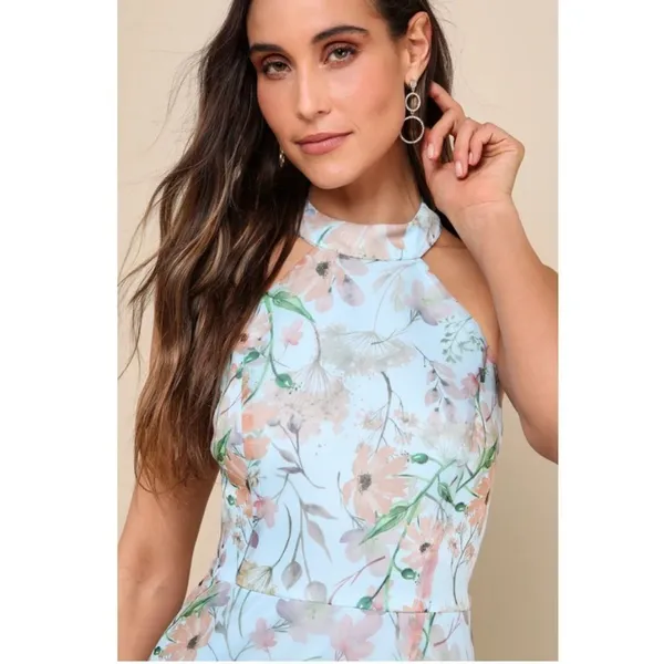 Lulus Forever Exceptional Light Blue Floral Halter‎ Organza Maxi Dress, Medium - Image 4