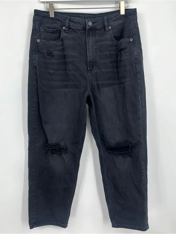 American Eagle Outfitters Black Mom Straight Jeans Size 12 Short Distressed Boho - Image 7