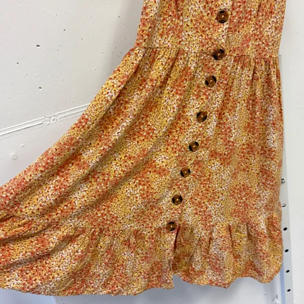Japna Orange Ditsy Floral Button Down Smocked Back Mini Dress Womens XS Boho - Image 4