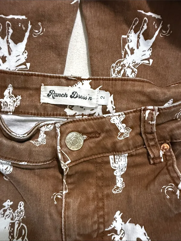 Women's Brown Boot-Cut Jeans with White Western Print - Image 4