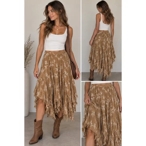 Boho Floral Handkerchief Midi Skirt Brown Raw Hem Asymmetrical Festival Fairy - Image 2