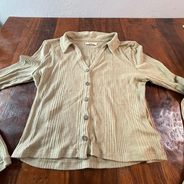 Madewell Sage Green Ribbed Knit Button Front Collared Cardigan Top Large - Image 7