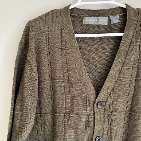 Oscar de la Renta Olive Green 90s Grandpa Button Front Cardigan Size XXL - Image 2