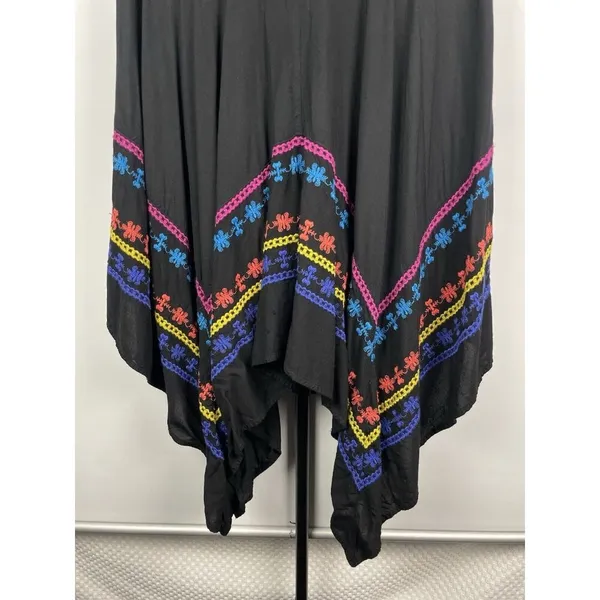 Azel Hazel Black Colorful Embroidered Handkerchief Hem Elastic Waist Skirt Sz L‎ - Image 4