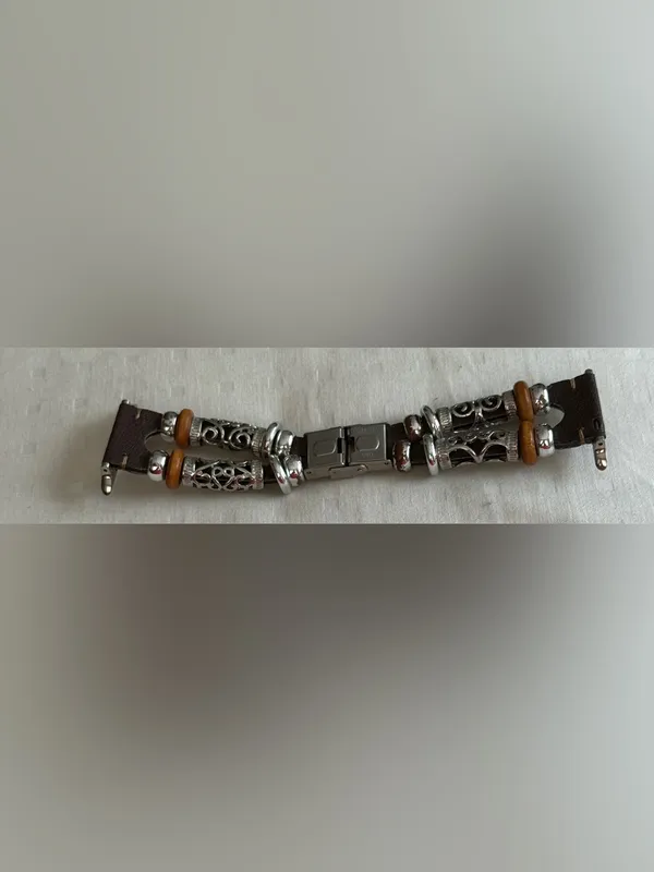 Stainless Steel Brown Leather and Silver Beaded Apple Watch Band Strap - Image 5