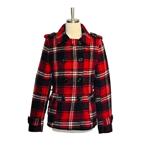 Cocoa Platinum Womens Red Black Plaid‎ Wool Blend Double Breasted Peacoat Size M - Image 4