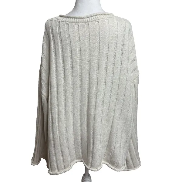 Rolled Hem Sweater Cream V-Neck‎ Wide Ribbed Casual Boho Office Neutral Plus 3XL - Image 3