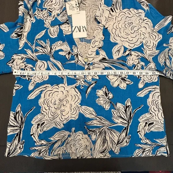 ZARA Blue White Floral Linen Blend Blouse Top NWT XL Oversized Kimono Sleeve - Image 14