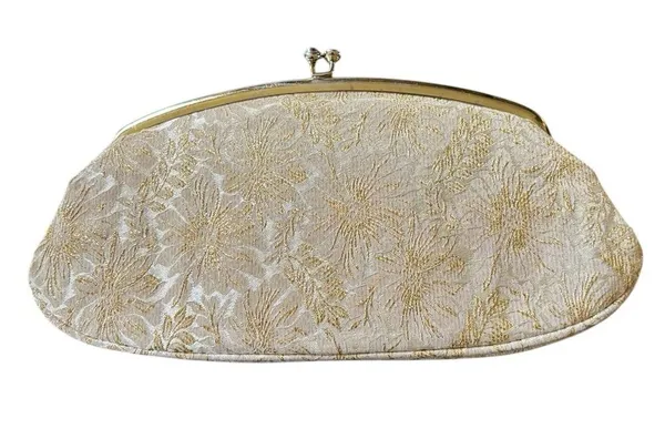 VTG Avon Kadin Gold Shimmer Floral Clutch Handbag Top Snap Satin Lining 10X5” - Image 3