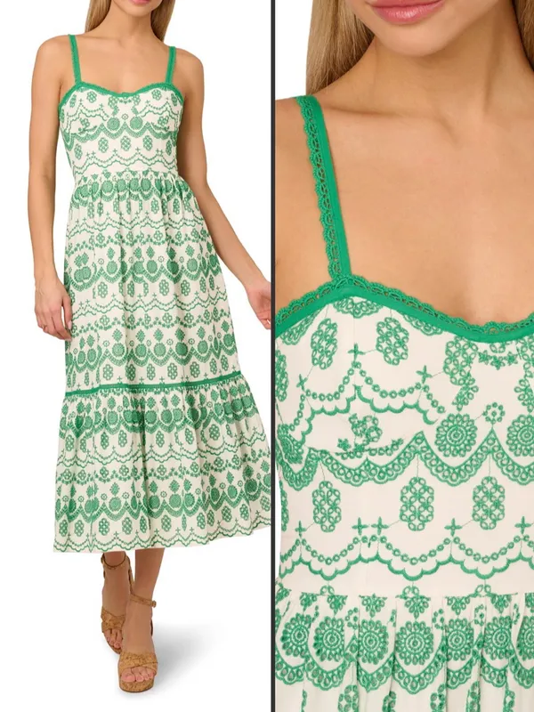 Adrianna Papell White Green Size 6 Cotton Eyelet Ruffle Midi Dress Party Picnic - Image 2