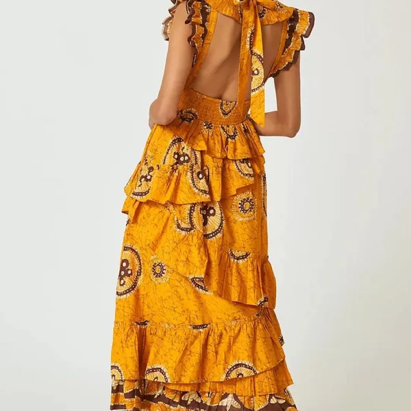 Anthropologie Love the Label Adrienne Gold Yellow Ruffled Boho Maxi Dress Medium - Image 3