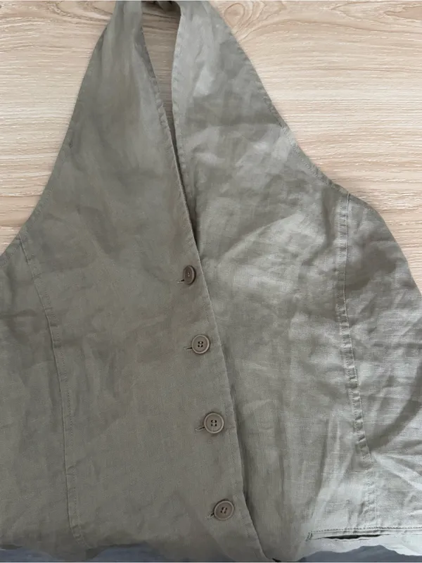 Zara Halter XS NEW Halter Tie Button Up Vest Khaki Office Work Open Back Linen Summer - Image 2