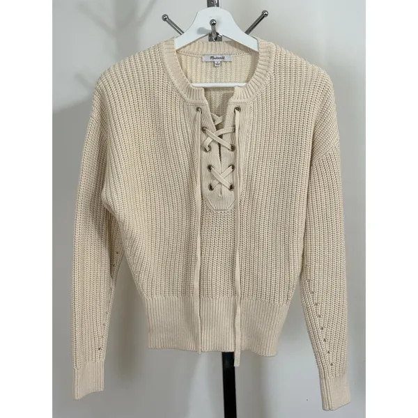 Madewell Lace Up Front Chunky Knit Sweater Cream Beige Long Sleeve Preppy Size S - Image 2
