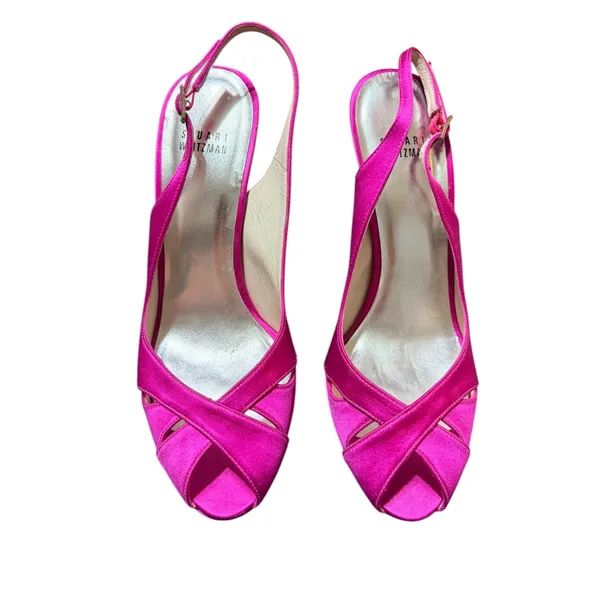 Barbiecore‎ y2k Stuart Weitzman Pink Satin Slingback Peep Toe Heels Size 7.5 - Image 4