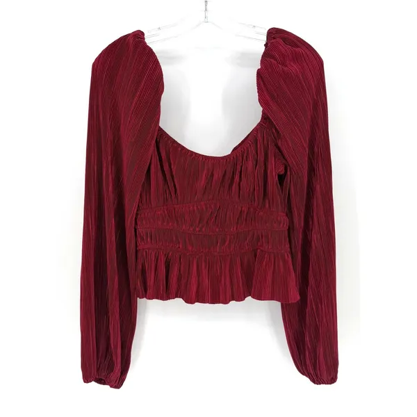 ASTR The Label Blouse Women M Wine Plisse Smocked Romantic Holiday - Image 2