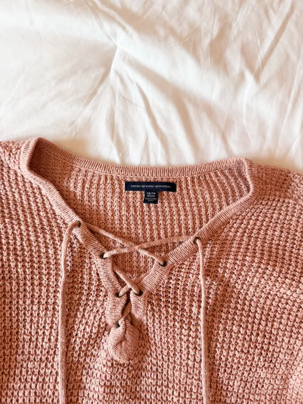 American Eagle Pink Lace Up Sweater Size XS - Image 3