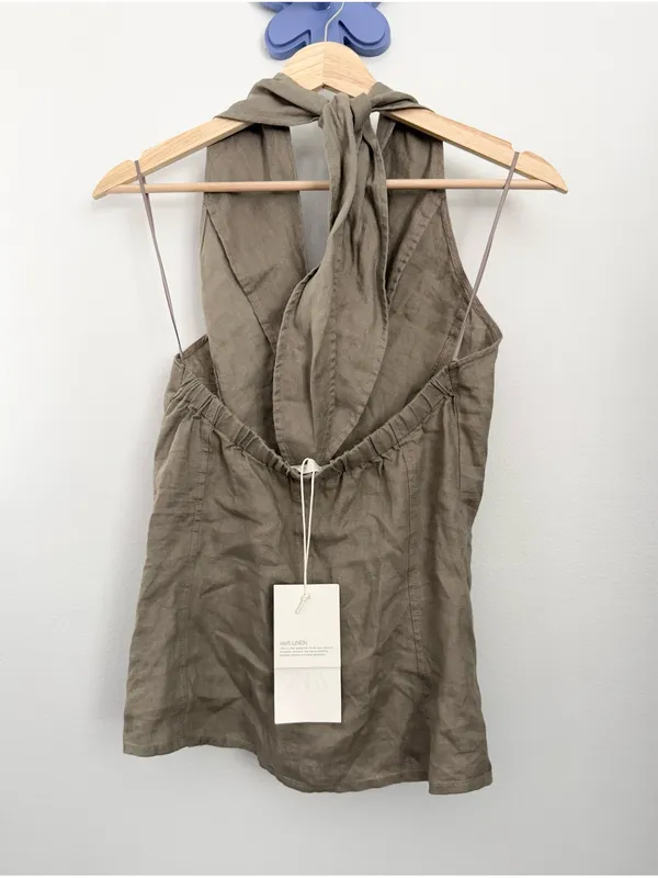 Zara Halter XS NEW Halter Tie Button Up Vest Khaki Office Work Open Back Linen Summer - Image 4