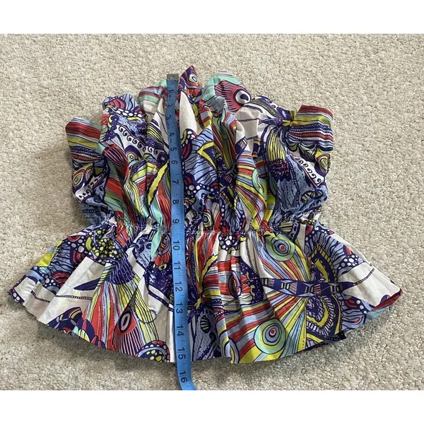 Anthropologie Strapless Smocked Ruffle Blouse Multicolor Cotton Abstract XS - Image 3