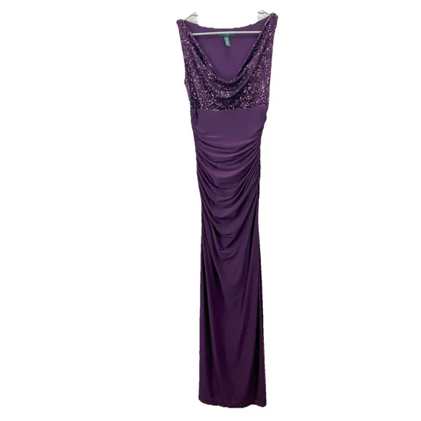 Ralph Lauren Purple Sequin Cowl Ruched Sleeveless Stretch Maxi Gown Dress Size 4 - Image 2