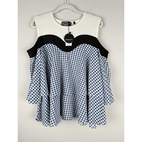 P. Luca Milano Women's Off The Shoulder Gingham Tiered‎ Ruffle Blouse Size L NEW - Image 3