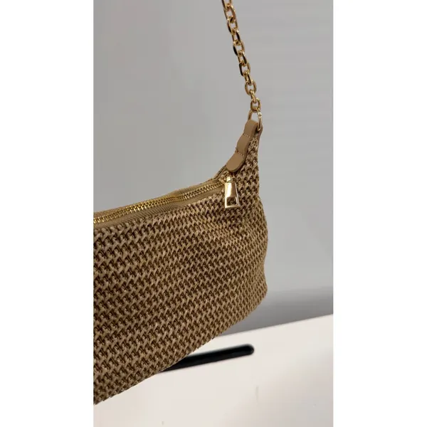 Tan Woven Straw Baguette Shoulder Bag Gold Chain Strap Raffia Style Bag - Image 3