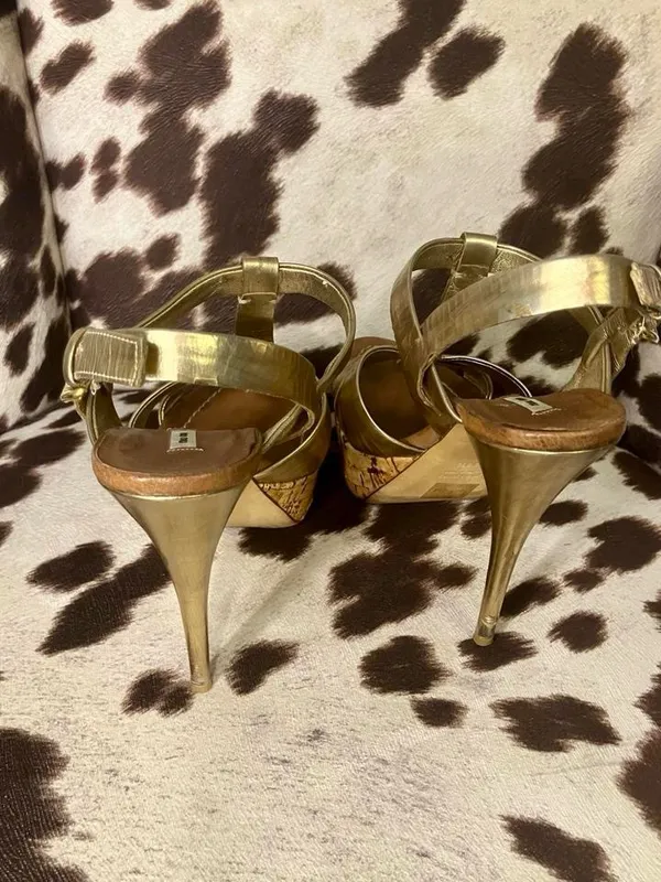 Miu Miu Metallic Gold Leather Cork Platform Heels - Image 6