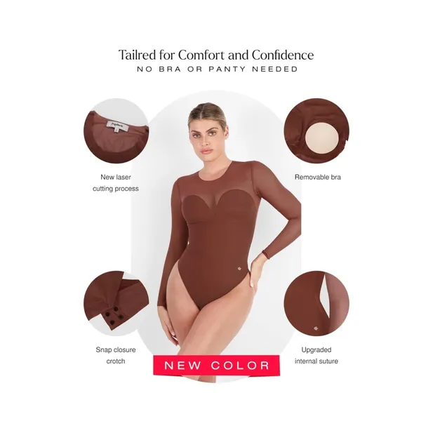 NWT Popilush Brown Long Sleeve Mesh Shapewear Bodysuit Tummy Control Large - Image 3