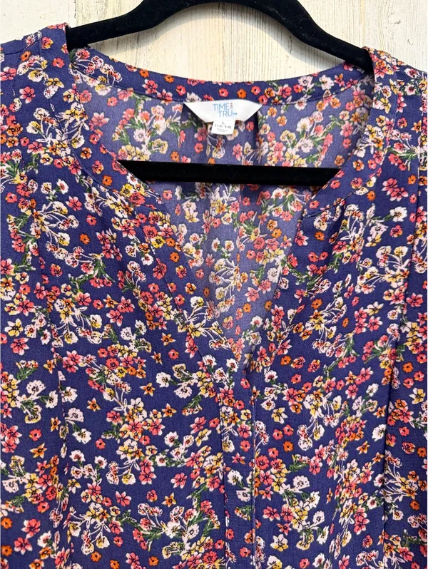 Time and Tru Floral Tiered Dress Women’s L 12-14 Long Sleeve Navy Boho - Image 10