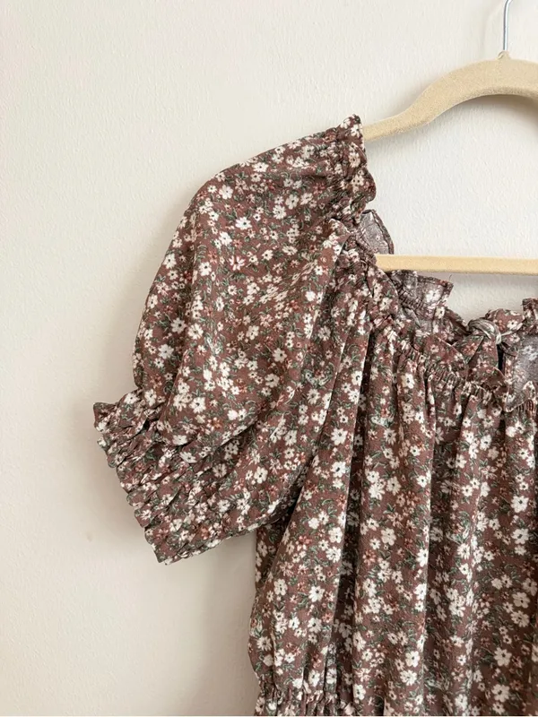 Blu Pepper Brown White Floral Puff-Sleeve Mini Dress Size Medium - Image 2