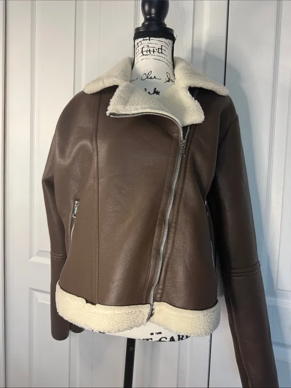 CHICME Women’s Faux-Shearling Biker Jacket in Coffee - Image 3