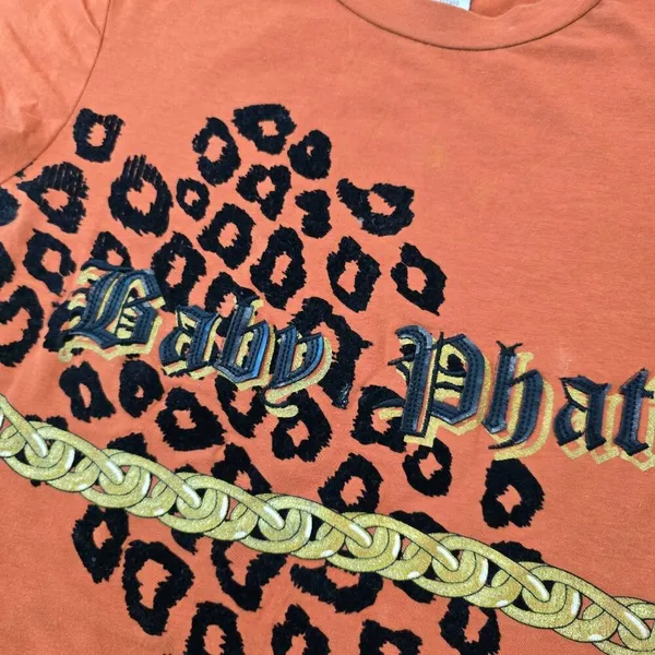 Baby phat 90s y2k Orange Graphic Tee Shirt With Leopard Print & Chain Detail L - Image 3