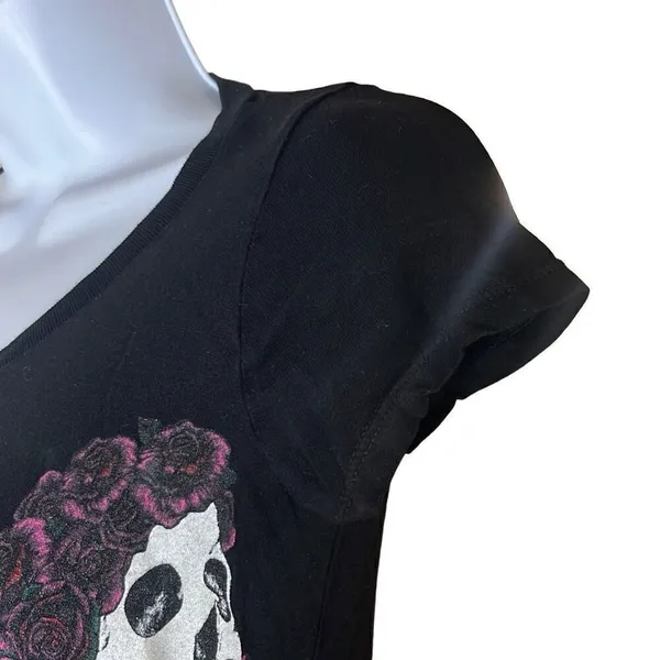 Lauren Moshi XS Skull Roses Tunic Top Black Day of The Dead Halloween‎ Oversized - Image 4