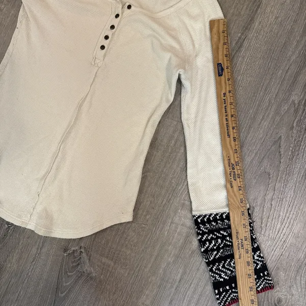 Free People Top Women L Newbie Thermal Alpine Henley Cuffs Cream Black - Image 6