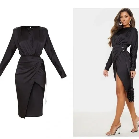 PrettyLittleThing High Slit Wrap Dress Womans 8 Black Satin Open Back Clubwear - Image 8