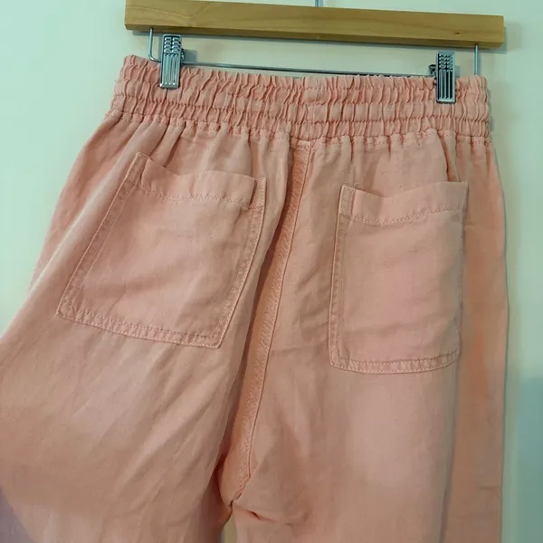 ZARA Linen Blend Smocked Waist Raw Hem Straight Leg Trousers Peach Womens Size M - Image 4