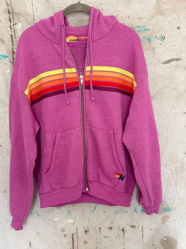 Aviator Nation 5 Stripe Zip Hoodie Relaxed in Magenta - Image 2
