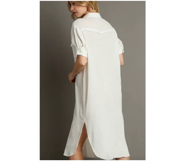 Umgee White Gauze Button Up Maxi Dress w/ Raw Edges medium - Image 2