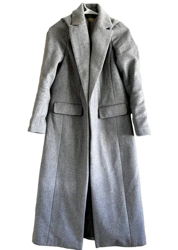 Avec Les Filles Wool Overcoat Peak Lapel Collar Pockets Maxi Pleated Gray XS - Image 2