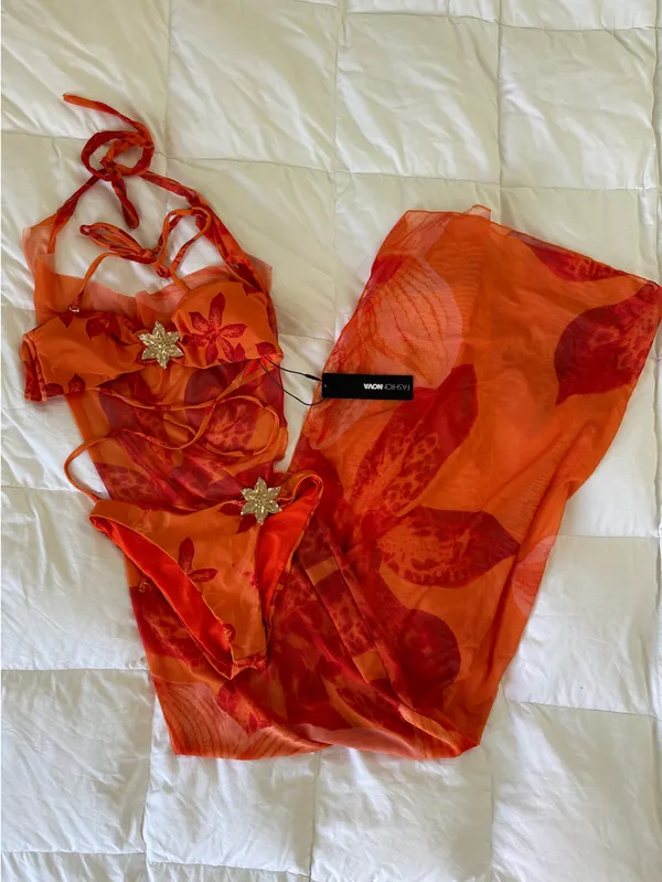 Orange Floral 3 Piece Bikini Set & Cover Up Cowl Neck Dress Sunsuit - Image 5
