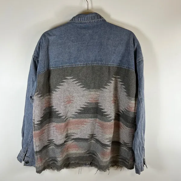 Womens XL‎ Southwestern Aztec Woven Denim Jacket Mixed Media Frayed Hem Blue - Image 8