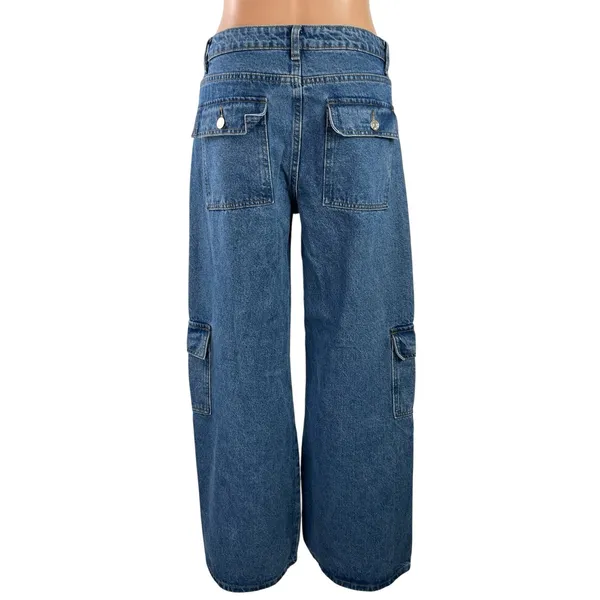 Edikted Women's Blue High Rise Baggy Wide Leg Cargo Denim Jeans Pants Size M - Image 3
