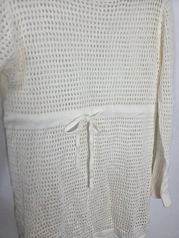 Ivory Cream Loose Knit Swim Cover Up Long Sleeve Sheer Cottagecore Beach Boho L - Image 10