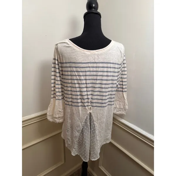 Anthropologie Little Yellow Button Striped Mixed Media 3/4 Sleeve Top Coastal - Image 5