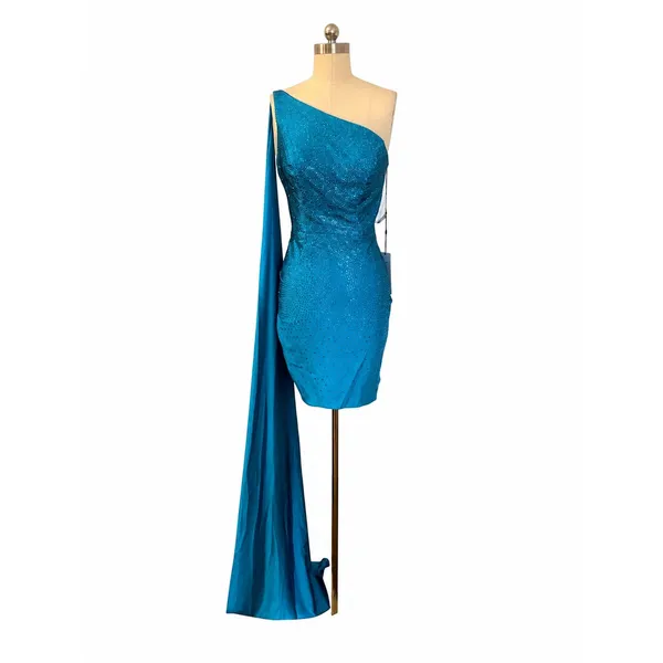 Sherri Hill 54858 Peacock One Shoulder Rhinestone Jersey Mini Dress Cape Sz 8 - Image 4