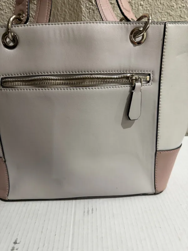 Guess Blush & Cream Colorblock Tote Bag Gold Logo Charm Pom Pom Large - Image 15