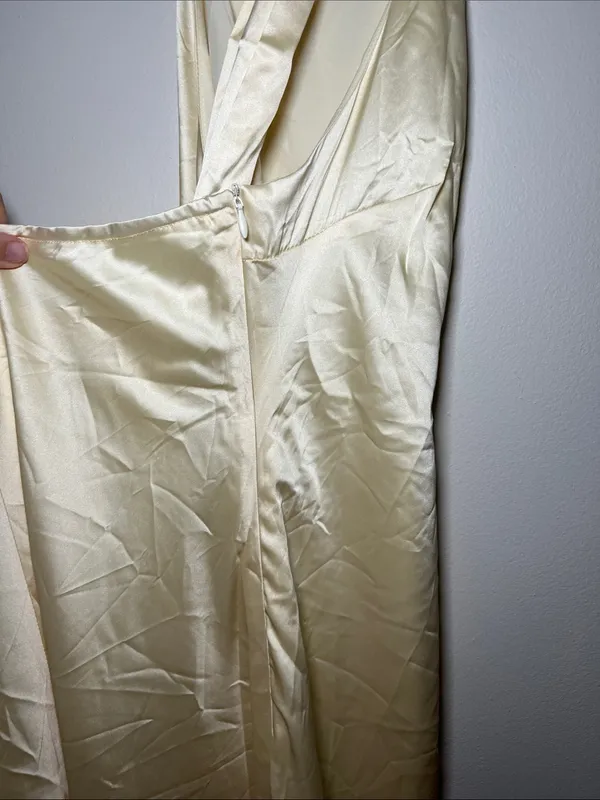 Cider High-Neck Satin Maxi Dress in Pale Butter Yellow - Image 4