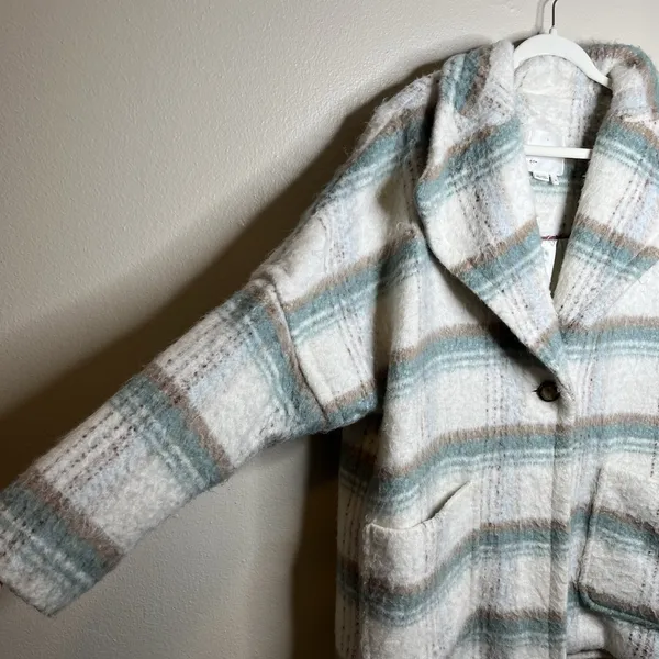 Anthropologie Womens‎ White Green Elsa Plaid Collared Long Sleeve Coat Size M - Image 4