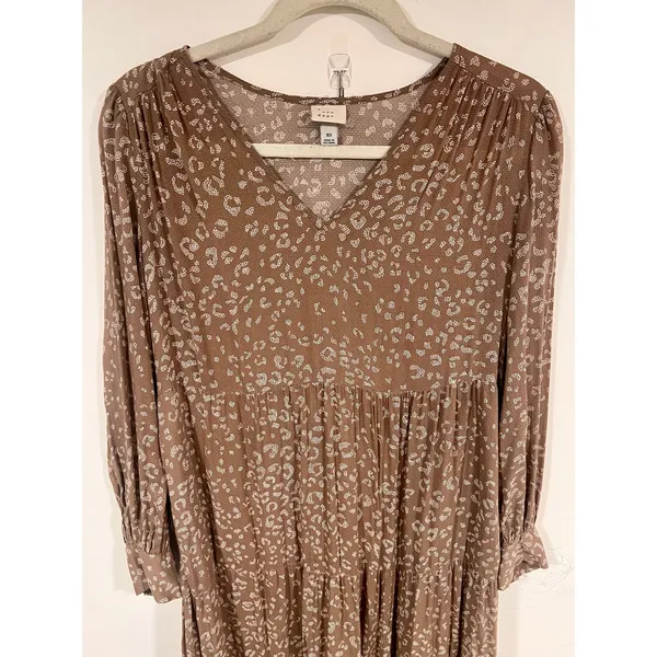 Woman’s Boho Cottagecore Brown Animal Print Long Sleeve Tiered Midi Dress XS - Image 4