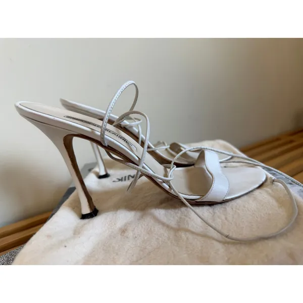 Manolo Blahnik White Leather Lace-Up Sandals Heels Size 37.5 - Image 5
